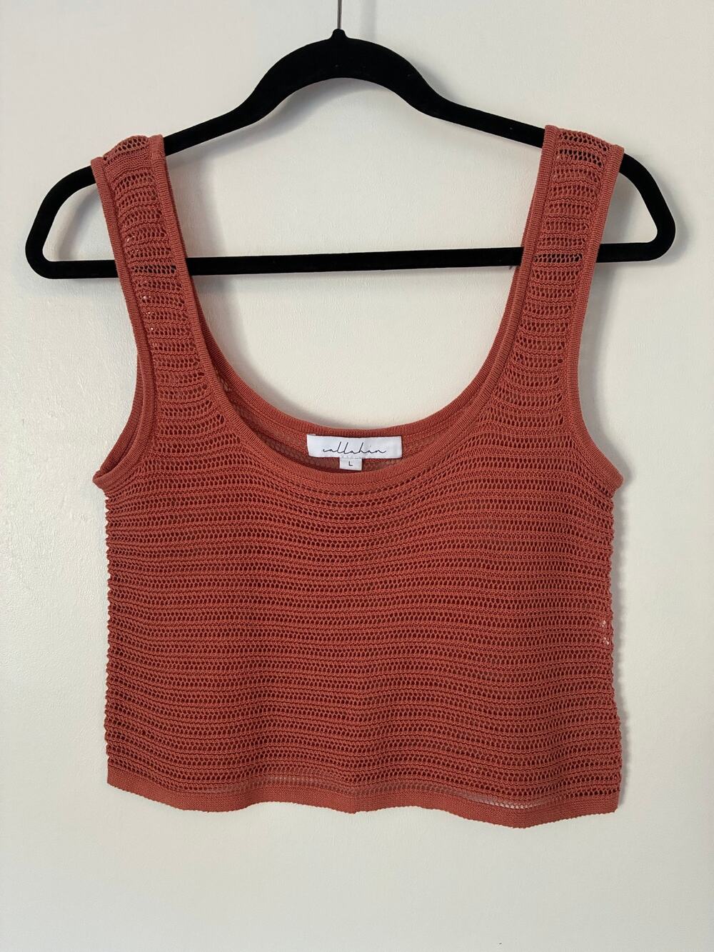 Callahan Rust Red Open Knit Crop Tank Wide Strap Scoop Neck Boho Chic Size L